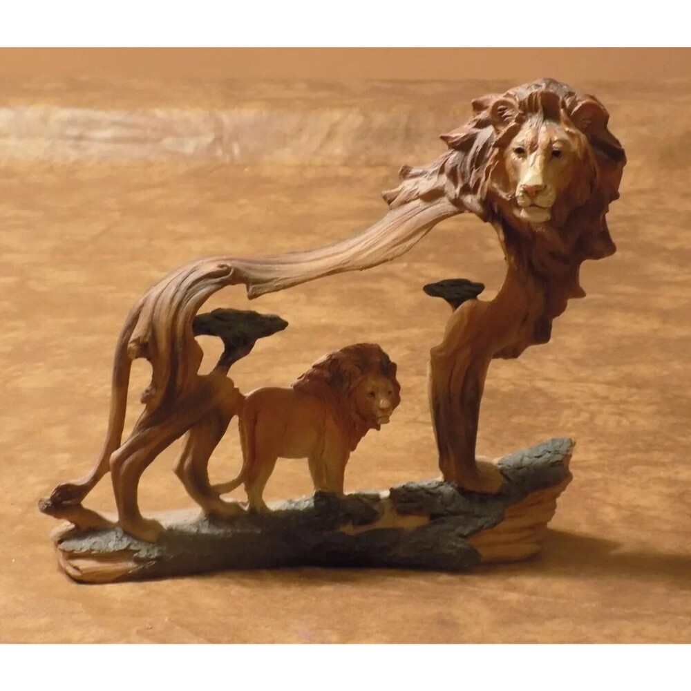 Painted Art Carved Wood Look Resin Lions Knick Knack Decor